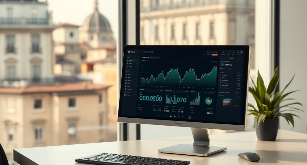 Professional desk with cryptocurrency portfolio dashboard on monitor, Italian cityscape in background