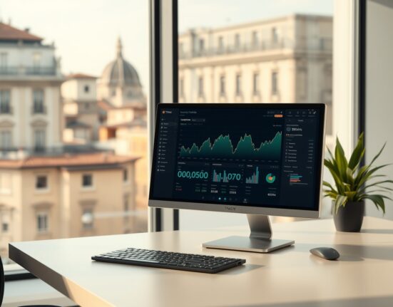 Professional desk with cryptocurrency portfolio dashboard on monitor, Italian cityscape in background