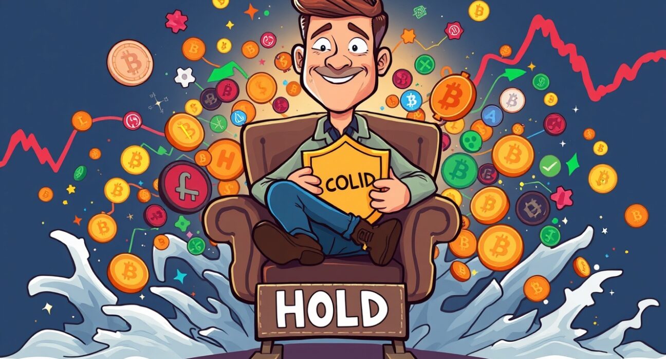 Calm investor holding positions confidently amid swirling cryptocurrency market volatility