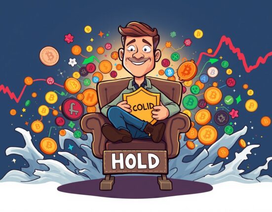 Calm investor holding positions confidently amid swirling cryptocurrency market volatility