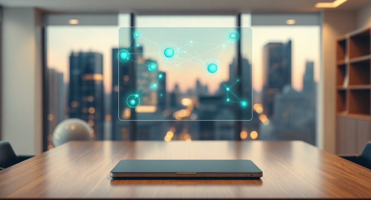 Futuristic holographic Holo network interface in a modern office setting.
