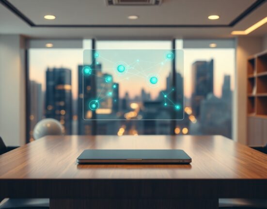 Futuristic holographic Holo network interface in a modern office setting.