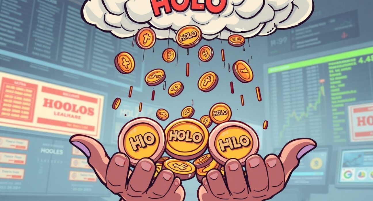 An illustration of a successful HOLO token airdrop, symbolizing digital rewards being distributed to crypto holders on an exchange.