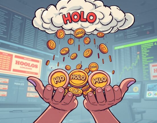An illustration of a successful HOLO token airdrop, symbolizing digital rewards being distributed to crypto holders on an exchange.