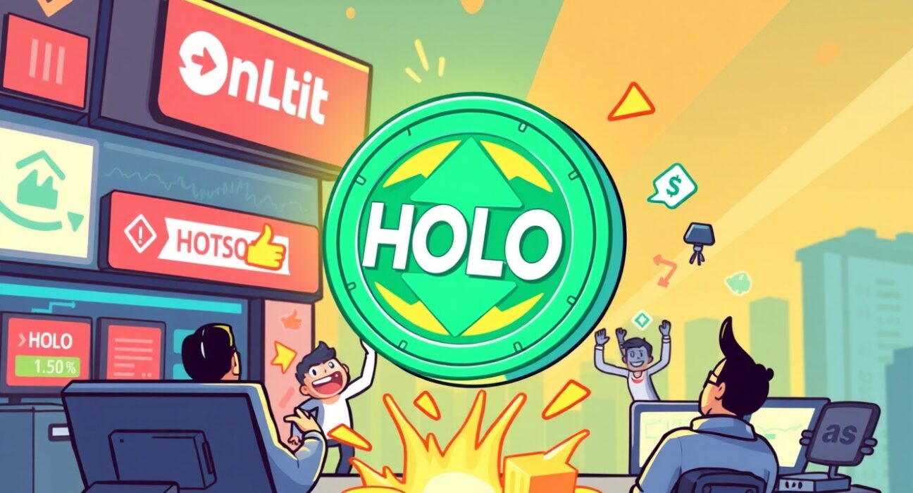 A cartoon illustration showing the excitement around the HoloworldAI Upbit listing, symbolizing new trading opportunities.