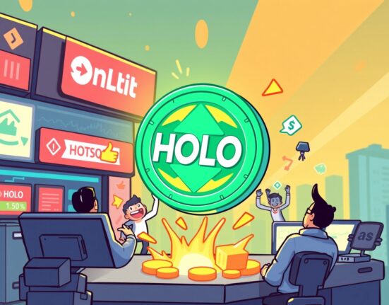 A cartoon illustration showing the excitement around the HoloworldAI Upbit listing, symbolizing new trading opportunities.
