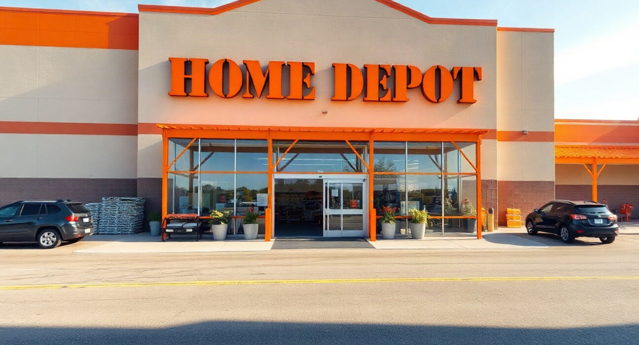 Home Depot store exterior on a sunny day, with orange signage and entrance visible.