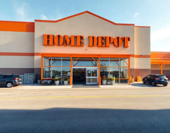 Home Depot store exterior on a sunny day, with orange signage and entrance visible.