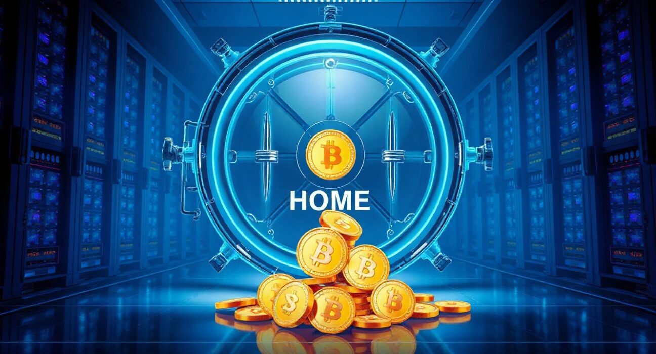 Digital vault door opening with a stream of HOME tokens spilling out in a high-tech data center.