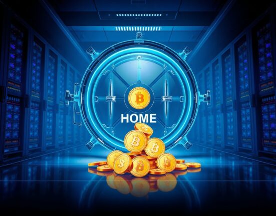 Digital vault door opening with a stream of HOME tokens spilling out in a high-tech data center.