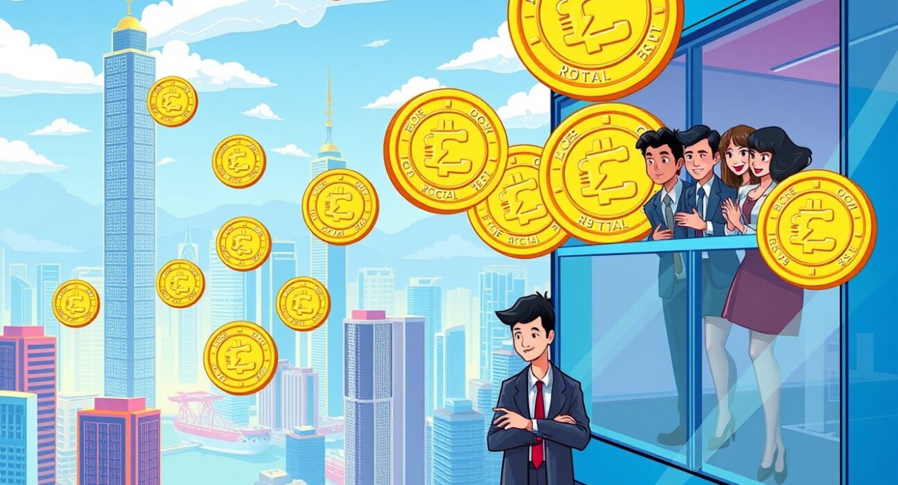 Hong Kong's stablecoin issuers receiving regulatory approval in a vibrant financial district scene