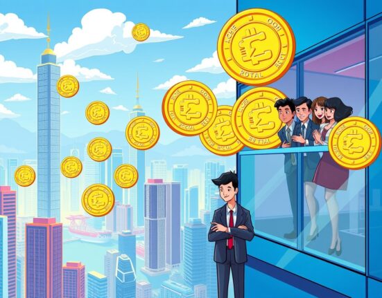 Hong Kong's stablecoin issuers receiving regulatory approval in a vibrant financial district scene