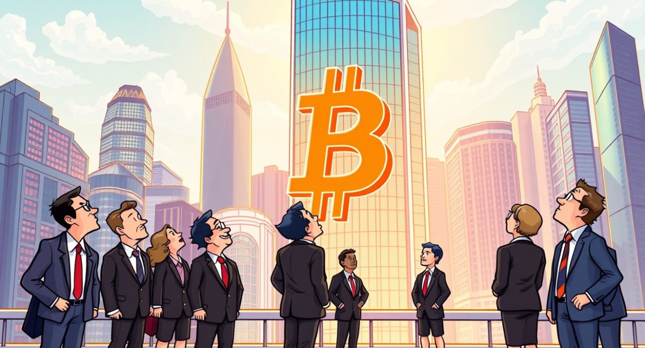Cartoon illustration showing a Hong Kong Bitcoin purchase by a firm, symbolizing institutional crypto adoption and market confidence.