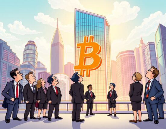 Cartoon illustration showing a Hong Kong Bitcoin purchase by a firm, symbolizing institutional crypto adoption and market confidence.