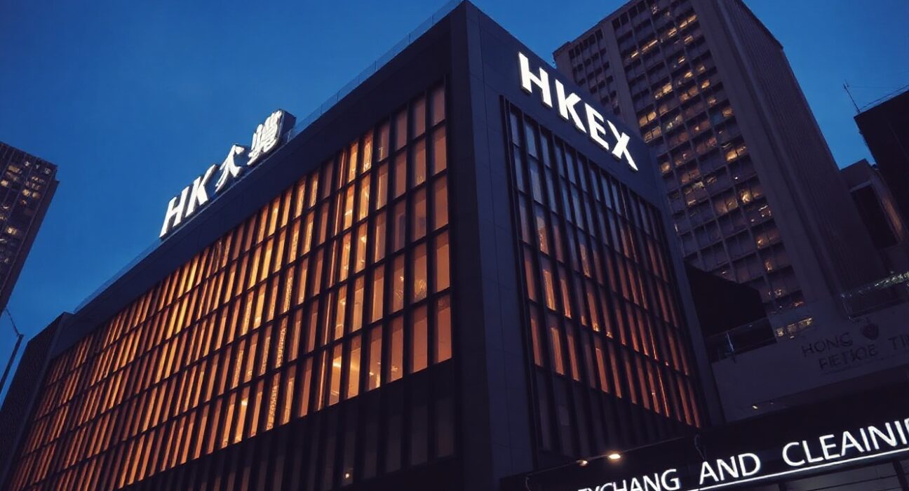 Exterior view of the Hong Kong Exchanges and Clearing building in a financial district at dusk.