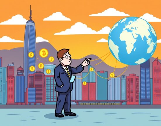 Cartoon illustration showing Hong Kong crypto exchanges connecting to global markets, symbolizing access to global order books.