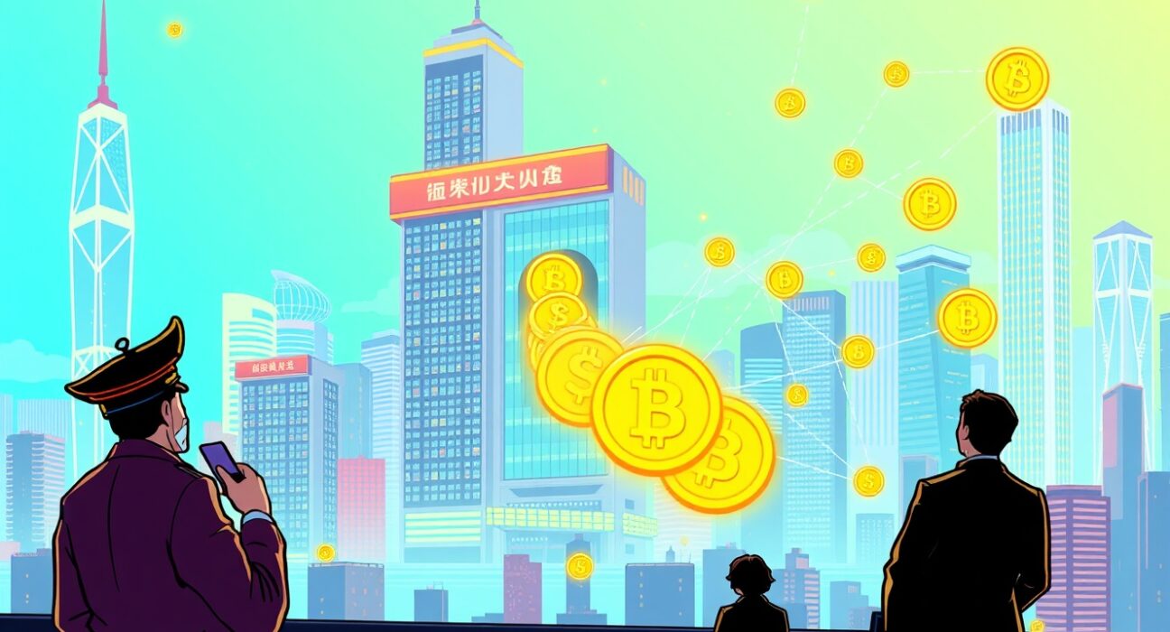 Hong Kong crypto insurance investment illustrated as digital capital flowing into blockchain infrastructure.