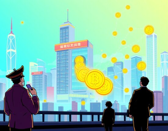 Hong Kong crypto insurance investment illustrated as digital capital flowing into blockchain infrastructure.