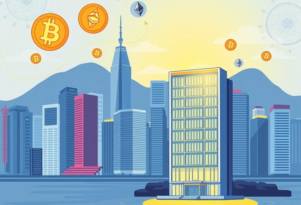 Cartoon showing a Hong Kong skyline with crypto symbols, representing LineKong's significant Hong Kong crypto investment.
