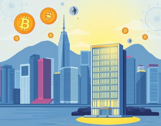 Cartoon showing a Hong Kong skyline with crypto symbols, representing LineKong's significant Hong Kong crypto investment.
