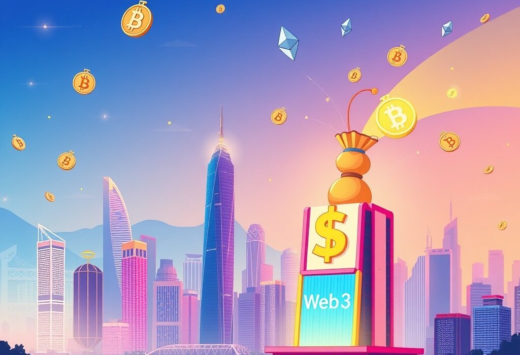 Cartoon illustration showing a Hong Kong firm making significant Hong Kong crypto investments into Web3, symbolizing growth and digital finance.