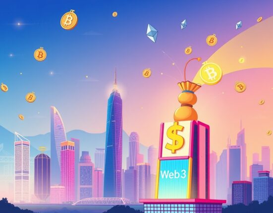 Cartoon illustration showing a Hong Kong firm making significant Hong Kong crypto investments into Web3, symbolizing growth and digital finance.