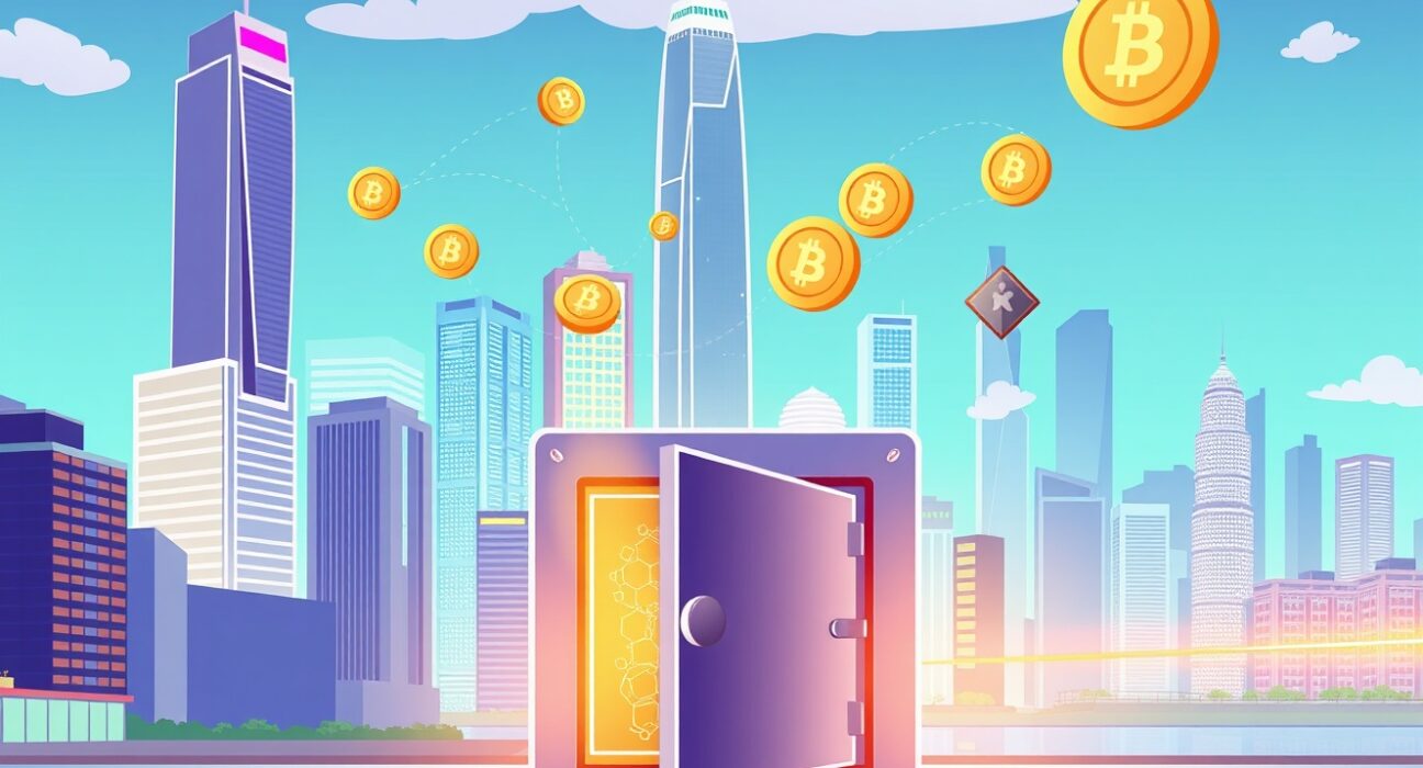 Hong Kong crypto licensing illustrated as a secure vault in a vibrant financial cityscape.