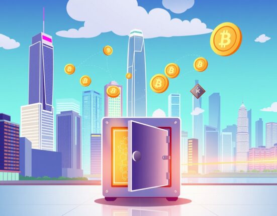 Hong Kong crypto licensing illustrated as a secure vault in a vibrant financial cityscape.