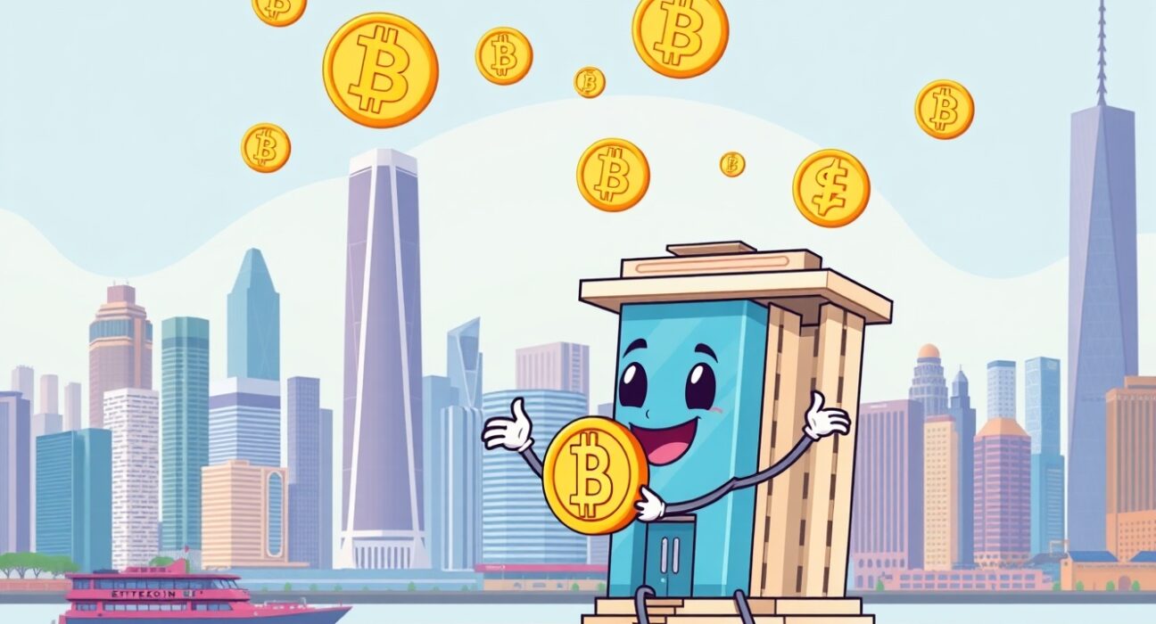 A cartoon illustration showing Hong Kong embracing new crypto rules for its banking sector, symbolizing financial innovation.