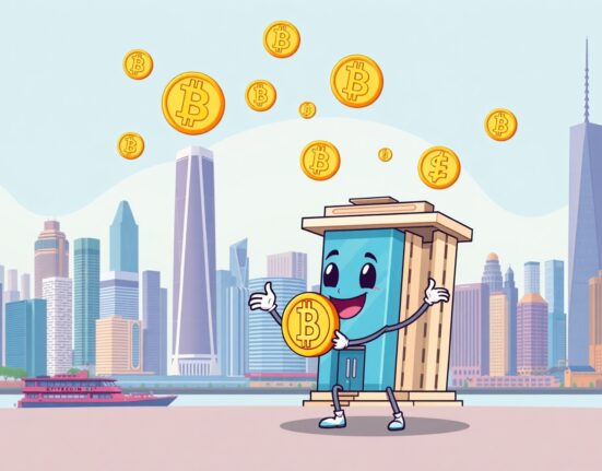 A cartoon illustration showing Hong Kong embracing new crypto rules for its banking sector, symbolizing financial innovation.