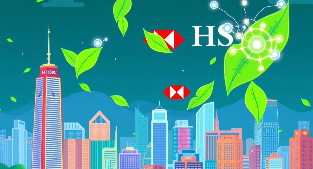 Hong Kong digital green bond blockchain sustainable finance illustration showing eco-friendly technology integration