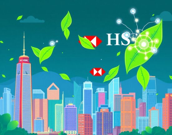 Hong Kong digital green bond blockchain sustainable finance illustration showing eco-friendly technology integration