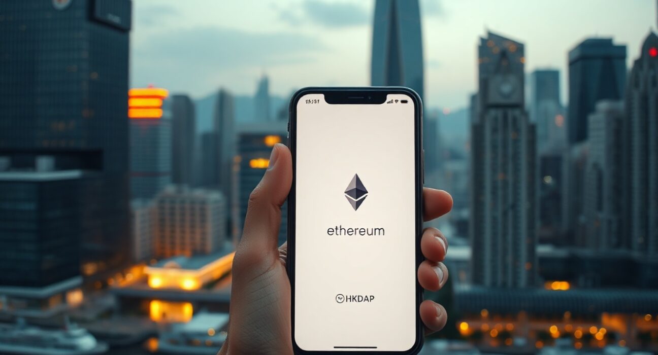 Smartphone showing HKDAP stablecoin transaction confirmation on Ethereum with Hong Kong skyline in background