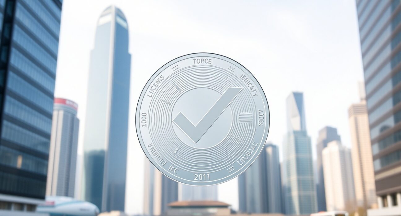 Symbolic representation of Hong Kong's first licensed stablecoin issuer approval against the city's financial skyline.