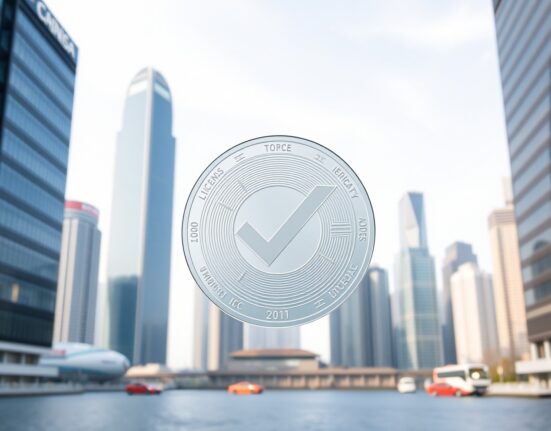 Symbolic representation of Hong Kong's first licensed stablecoin issuer approval against the city's financial skyline.