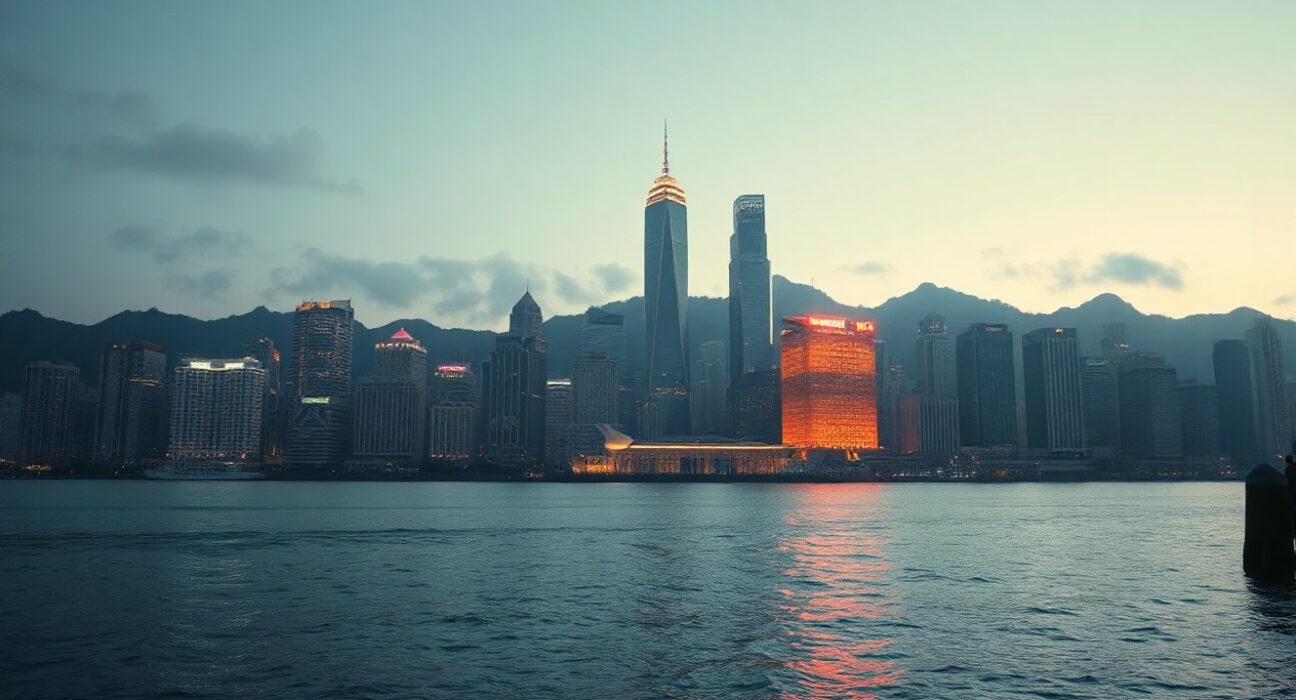 Hong Kong skyline at dusk with harbor view, symbolizing economic activity.