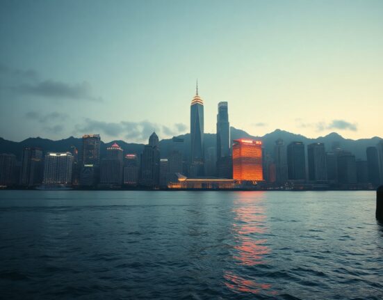Hong Kong skyline at dusk with harbor view, symbolizing economic activity.