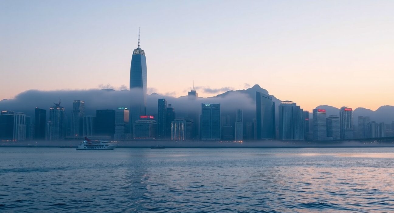 Hong Kong skyline at dusk with fog, representing geopolitical risks weighing on financial outlook according to Standard Chartered.
