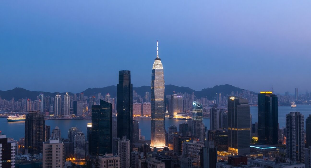 Hong Kong skyline at dusk with harbor and business district, representing economic activity.
