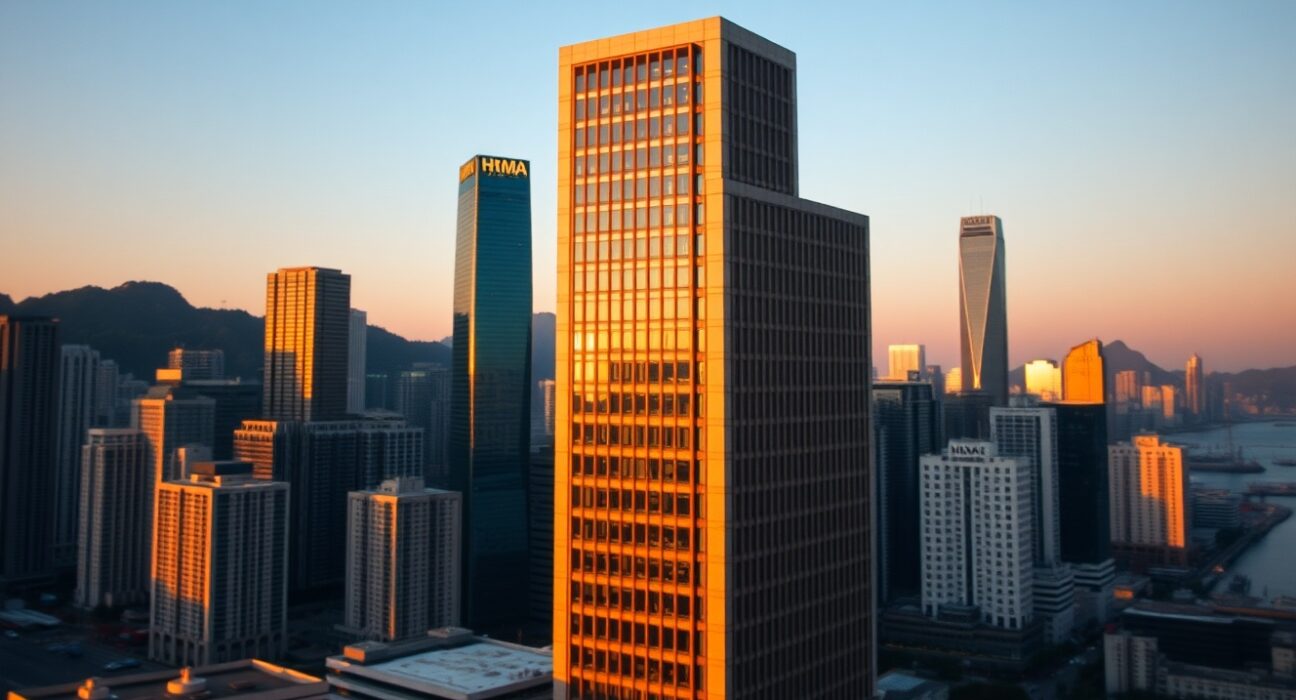 Hong Kong skyline with HKMA building in foreground at dusk, representing stablecoin regulation