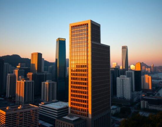 Hong Kong skyline with HKMA building in foreground at dusk, representing stablecoin regulation
