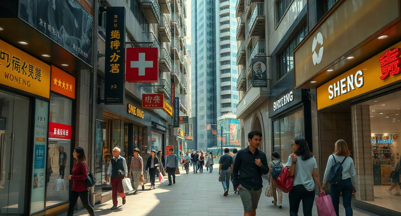 Pedestrians shopping on a busy Hong Kong street with retail storefronts