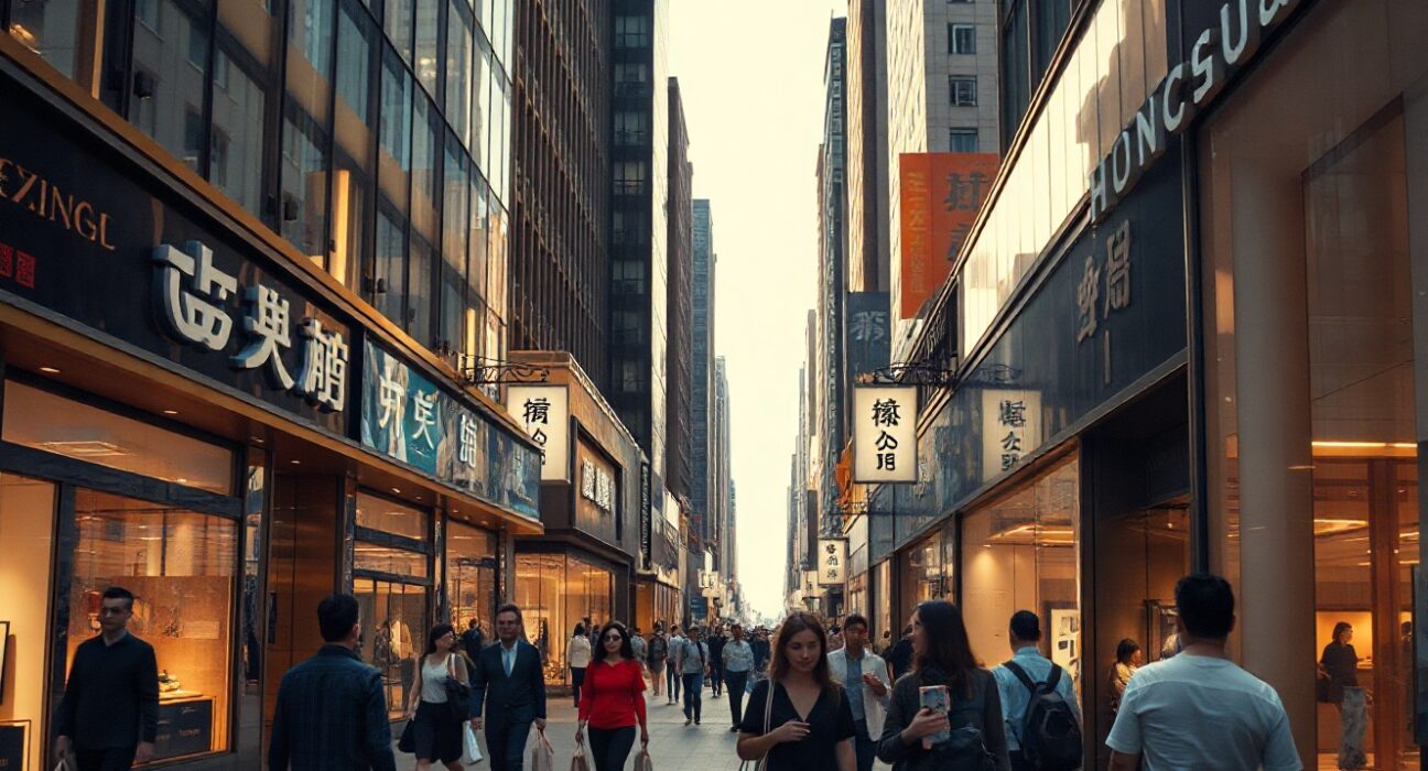 Shoppers on a busy retail street in Hong Kong with storefronts and pedestrian activity