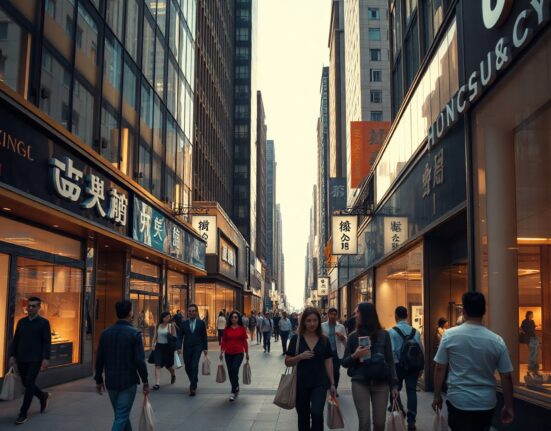 Shoppers on a busy retail street in Hong Kong with storefronts and pedestrian activity