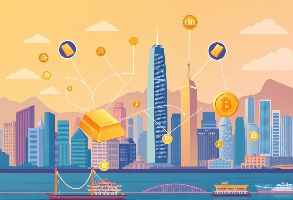 A cartoon illustration showing the Hong Kong RWA platform connecting real-world assets to digital finance, symbolizing innovation.