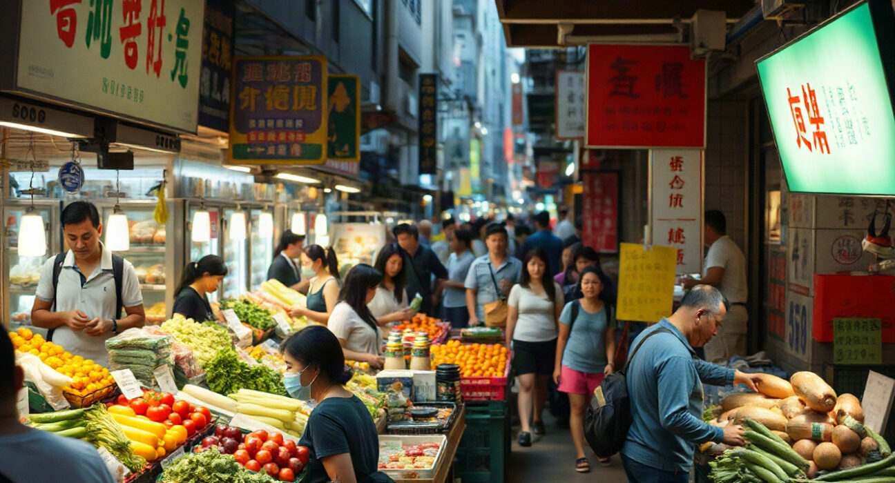 Shoppers at a Hong Kong street market with price tags visible, illustrating consumer prices in July.