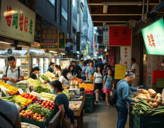 Shoppers at a Hong Kong street market with price tags visible, illustrating consumer prices in July.