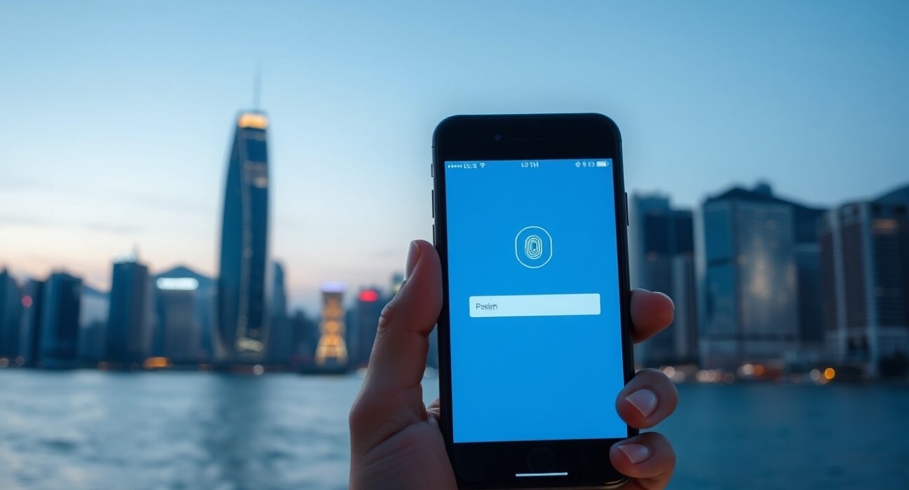 Smartphone displaying a passkey login screen against a Hong Kong skyline background at dusk