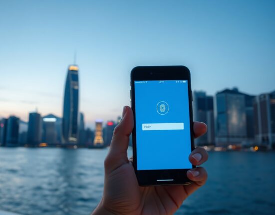 Smartphone displaying a passkey login screen against a Hong Kong skyline background at dusk