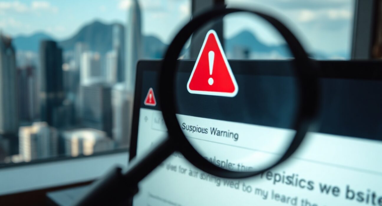 Warning screen and magnifying glass over URL, symbolizing fake website detection